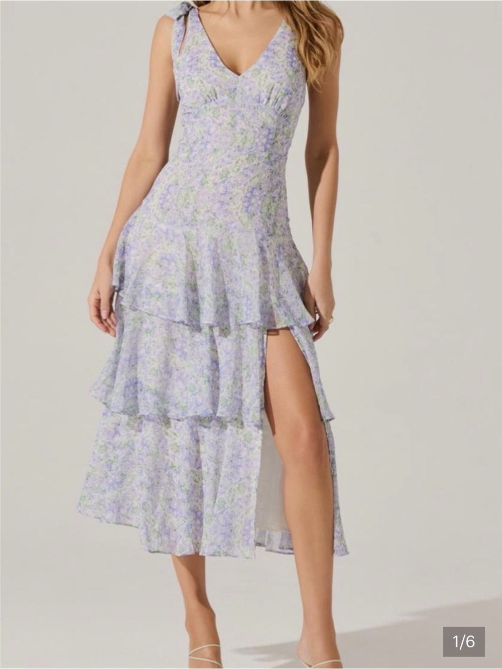 Lilac Floral Tiered Midi Dress with Side Slit